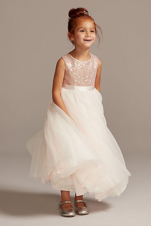 David's Bridal Heart Back Sequin and Tulle Flower Girl Gown